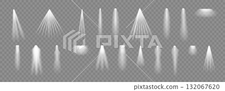 Spotlight. Light effect set. Glow white transparent light effect set lens flare glitter dust line sun flash. 132067620