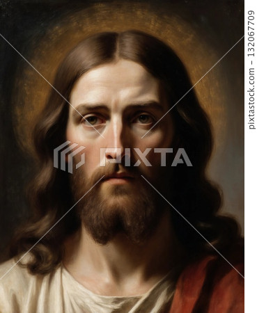 A calm, bearded figure gazes gently ahead, surrounded by an ethereal glow. The background emphasizes the figure tranquil and wise demeanor, creating a sense of reverence Generative AI 132067709