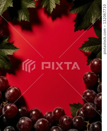 Fresh, juicy red grapes are arranged elegantly along with green leaves against a bold red backdrop. This setup creates a rich and inviting appearance perfect for summer events Generative AI Fresh, juicy red grapes are arranged elegantly along with green leaves against a bold red backdrop. This setup creates a rich and inviting appearance perfect for summer events Generative AI 132067710