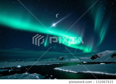 Spectacular displays of aurora borealis dance across the night sky in the arctic tundra, creating a magical holiday atmosphere during the winter season Generative AI 132067815