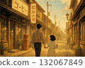 昭和日，父母和孩子們漫步在昭和復古商店街的懷舊春日午後場景 132067849