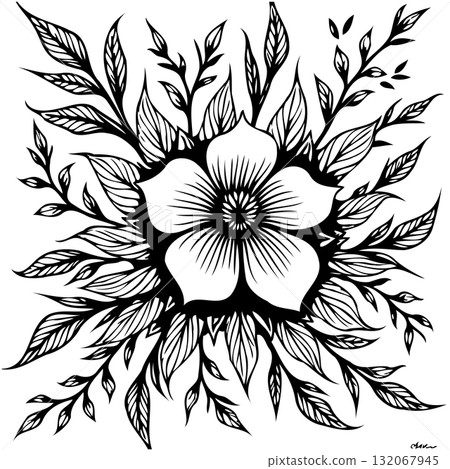 Seamless botanical pattern featuring hand-drawn leaves, branches, and foliage art Seamless botanical pattern featuring hand-drawn leaves, branches, and foliage art 132067945