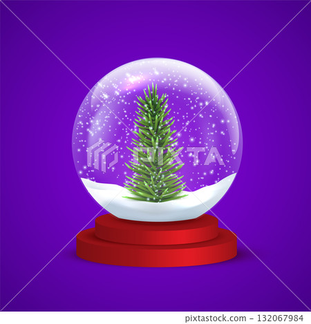 Snow globe. Transparent glass snowball with red base, snow, snowflakes, and Christmas tree on purple. Vector festive decoration for Christmas and New Year design. Realistic vector illustration Snow globe. Transparent glass snowball with red base, snow, snowflakes, and Christmas tree on purple. Vector festive decoration for Christmas and New Year design. Realistic vector illustration 132067984