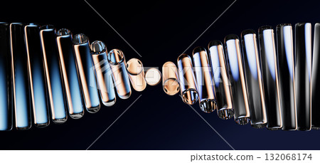 Neon glass spiral wave of translucent lines with gold blue gradient on black 3d background. Abstract dna structure for science technology design. Futuristic graphic render wallpaper. 3D illustration Neon glass spiral wave of translucent lines with gold blue gradient on black 3d background. Abstract dna structure for science technology design. Futuristic graphic render wallpaper. 3D illustration 132068174