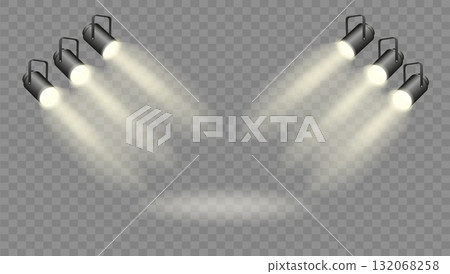 Spotlights set, stage and studio light, realistic hanging lamps. Spot lights and searchlights for concert. Vector 132068258