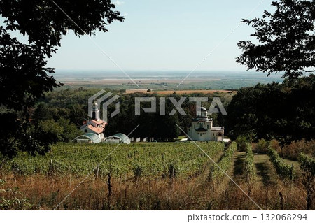 View of Grgeteg Monastery framed by trees in Fruska Gora National Park, surrounded by lush greenery and hills. Serbia country. Vineyards in autumn season 132068294
