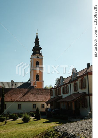 Monastery tower and historic architecture of Grgeteg Monastery in Fruska Gora National Park. Serbia country Monastery tower and historic architecture of Grgeteg Monastery in Fruska Gora National Park. Serbia country 132068295