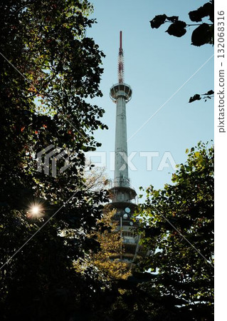 TV tower Iriski Venac on Fruska Gora seen through forest trees with sunlight shining, symbol of history and war damage in Serbia 132068316