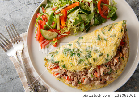 Healthy canned tuna omelette with vegetable salad close-up in a plate. Horizontal top view 132068361
