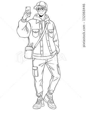 身著休閒街頭時尚的男士的線條畫 132068446