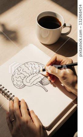 Hand Sketching Brain Anatomy in Morning Study Session 132068454