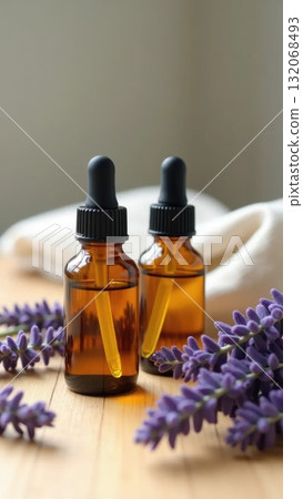 Amber Serum Bottles with Lavender on Oak Wood 132068493