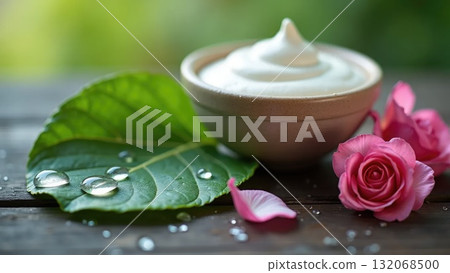 Water Droplets on Leaf with Clay Mask and Rose Petals Water Droplets on Leaf with Clay Mask and Rose Petals 132068500
