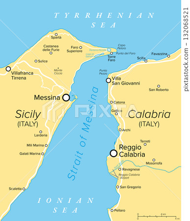 Strait of Messina, Southern Italy, political map. Narrow strait between eastern tip of Sicily at Punta del Faro, and western tip of Calabria at Punta Pezzo, connecting Tyrrhenian Sea with Ionian Sea. Strait of Messina, Southern Italy, political map. Narrow strait between eastern tip of Sicily at Punta del Faro, and western tip of Calabria at Punta Pezzo, connecting Tyrrhenian Sea with Ionian Sea. 132068521