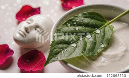 Water Droplets on Leaf with Clay Mask and Rose Petals 132068530