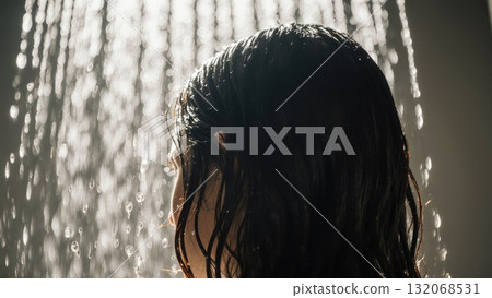 Water Droplets on Wet Hair in Shower Backlight 132068531