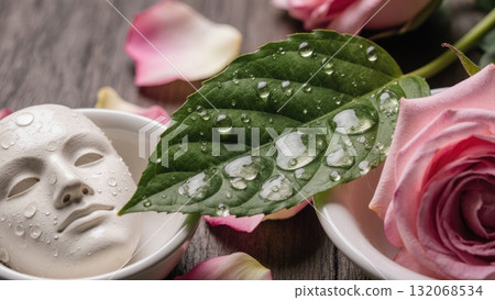 Water Droplets on Leaf with Clay Mask and Rose Petals Water Droplets on Leaf with Clay Mask and Rose Petals 132068534