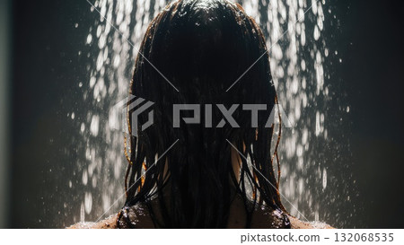 Water Droplets on Wet Hair in Shower Backlight Water Droplets on Wet Hair in Shower Backlight 132068535