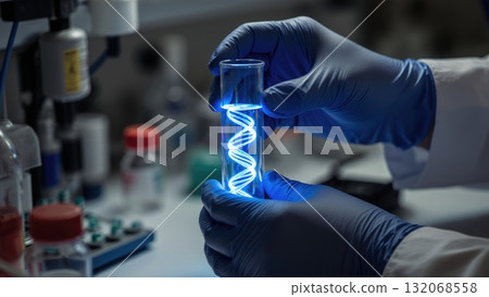 Lab Hands with Glowing DNA in Test Tube 132068558