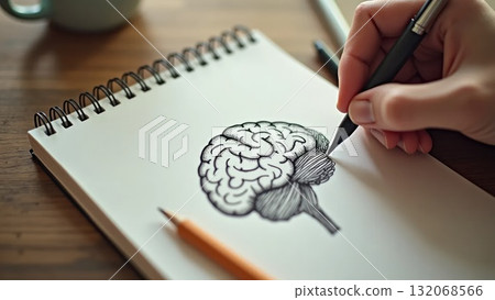 Hand Sketching Brain Anatomy in Morning Study Session 132068566