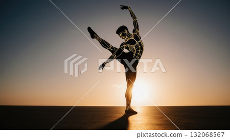 Dancer Silhouette with Musculoskeletal Glow at Sunset 132068567