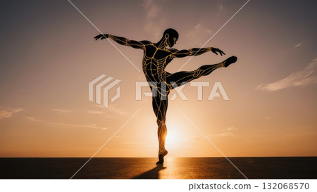 Dancer Silhouette with Musculoskeletal Glow at Sunset 132068570