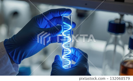 Lab Hands with Glowing DNA in Test Tube 132068579