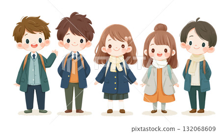 Five junior high school students in uniforms and coats Five junior high school students in uniforms and coats 132068609