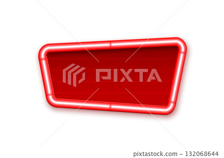 Retro red board sign with neon light frame. Cinema billboard or theatre signage. Vintage illuminated signboard with empty space for text. Vector illustration for announcements, shows, sales, events Retro red board sign with neon light frame. Cinema billboard or theatre signage. Vintage illuminated signboard with empty space for text. Vector illustration for announcements, shows, sales, events 132068644