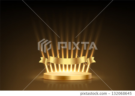 Gold award podium. Golden anniversary empty stage with glowing light rays and ribbon on black background. Template for celebration birthday or jubilee, winner ceremony. Vector illustration Gold award podium. Golden anniversary empty stage with glowing light rays and ribbon on black background. Template for celebration birthday or jubilee, winner ceremony. Vector illustration 132068645