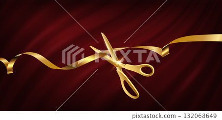 Grand opening ceremony with gold scissors cut ribbon. 3d luxury banner on red royal curtain mantle background. Traditional ritual of launching new business, inauguration. Vector illustration Grand opening ceremony with gold scissors cut ribbon. 3d luxury banner on red royal curtain mantle background. Traditional ritual of launching new business, inauguration. Vector illustration 132068649