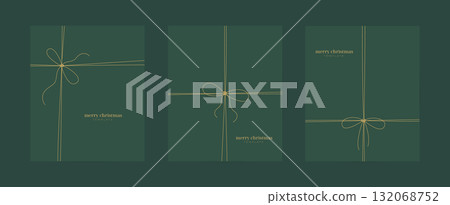 Thin line ribbon, knot gift box bow on green card, banner, invitation tepmlate. Merry Christmas, Happy new year poster design with gold ornament. 132068752