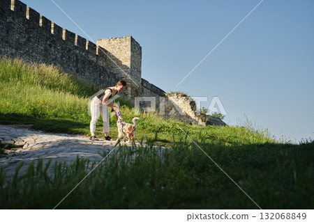 Young woman plays with red merle Border Collie puppy near Kalemegdan historic stone fortress wall under clear blue sky. Travel with dog concept Young woman plays with red merle Border Collie puppy near Kalemegdan historic stone fortress wall under clear blue sky. Travel with dog concept 132068849