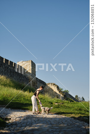 Young woman plays with red merle Border Collie puppy near Kalemegdan historic stone fortress wall under clear blue sky. Travel with dog concept Young woman plays with red merle Border Collie puppy near Kalemegdan historic stone fortress wall under clear blue sky. Travel with dog concept 132068851