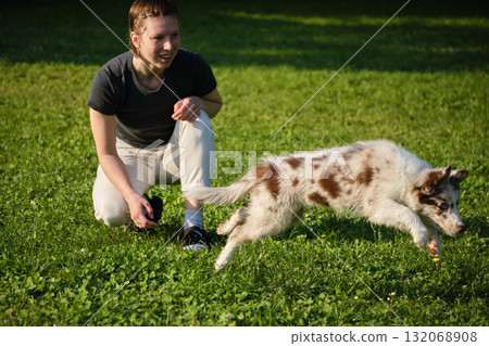 Red merle Border Collie puppy runs away playfully during outdoor game with smiling woman in park 132068908