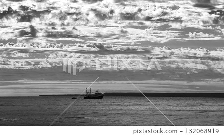 Ship in marine landscape at evening, Patagonia, Argentina. Ship in marine landscape at evening, Patagonia, Argentina. 132068919