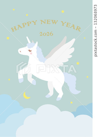 2026 年馬年新年賀卡：一隻獨角獸飛過薄荷藍色的天空 132068973