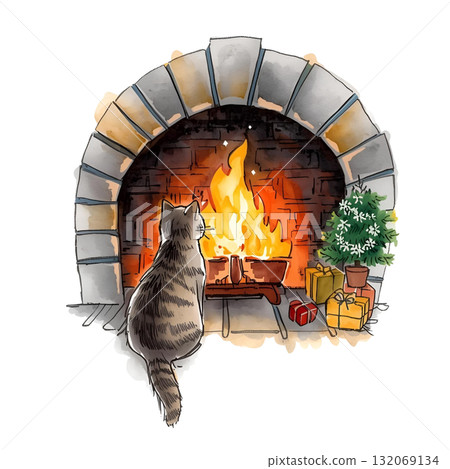 一隻貓坐在壁爐旁，旁邊有聖誕禮物和一棵小樹（水彩插圖） 132069134