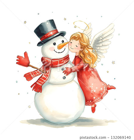 雪夜裡，可愛的天使親吻微笑的雪人（水彩插圖） 132069140