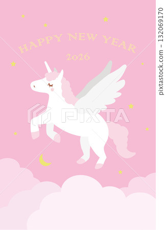 2026年新年卡片：獨角獸飛過粉紅天空 132069170