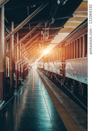 vintage Hua Lamphong railroad station with classic retro trains in Bangkok, historic old-fashioned Thai railway hub featuring retro travel ambiance vintage Hua Lamphong railroad station with classic retro trains in Bangkok, historic old-fashioned Thai railway hub featuring retro travel ambiance 132069192