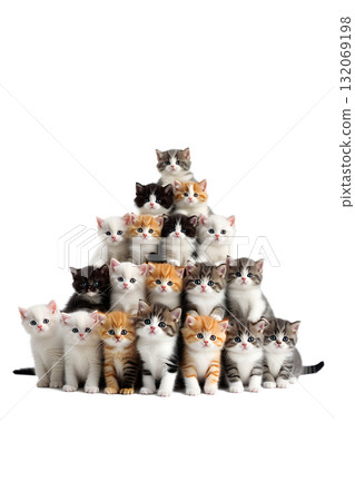 Pyramid of adorable fluffy kittens of different breeds and colors stacked playfully, cute chaotic collection isolated on transparent background 132069198