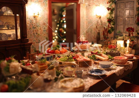 Christmas feast table laden with food and desserts displaying festive cheer. Christmas feast table laden with food and desserts displaying festive cheer. 132069428