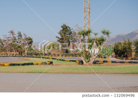 Outdoor go-kart racing track lined black and yellow painted tires, surrounded by trees and dry grass Outdoor go-kart racing track lined black and yellow painted tires, surrounded by trees and dry grass 132069496