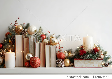 Christmas books arranged with decorations create a festive scene. 132069538