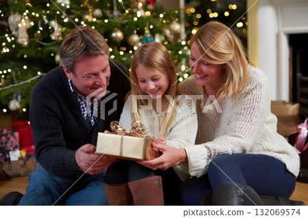 A family shares Christmas joy giving a gift near the decorated tree. 132069574