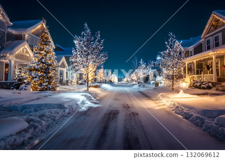 Snowy Christmas street glows with bright lights on houses and trees. 132069612
