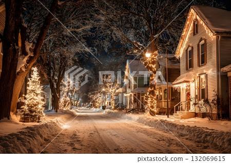 A snowy street lined with houses decorated for Christmas lights glows warmly at night. 132069615