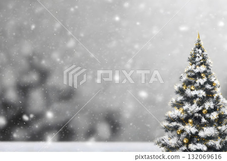 Christmas tree standing in falling snow. 132069616