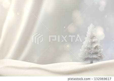 Christmas tree stands in soft snow with gentle falling snow. 132069617